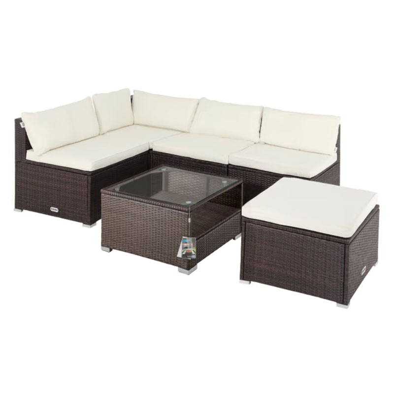 Polyrattan Ecklounge Braun Creme mit dicken Rückenpolster