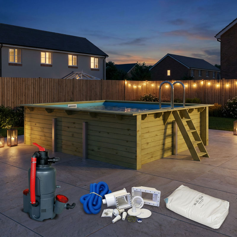 Karibu Holzpool Set Rechteck Lezzeno 3 | ca. 3,10 x 4,90 x 1,24 m | mit Blockbohle | Massivholz & Winterfest