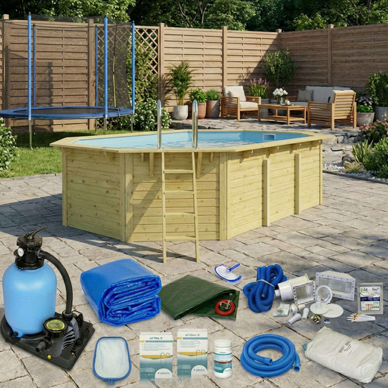 Karibu Holzpool Komplettset Como X4 | ca. 6,10 x 4,00 m | mit Metallecken | Massivholz & Winterfest