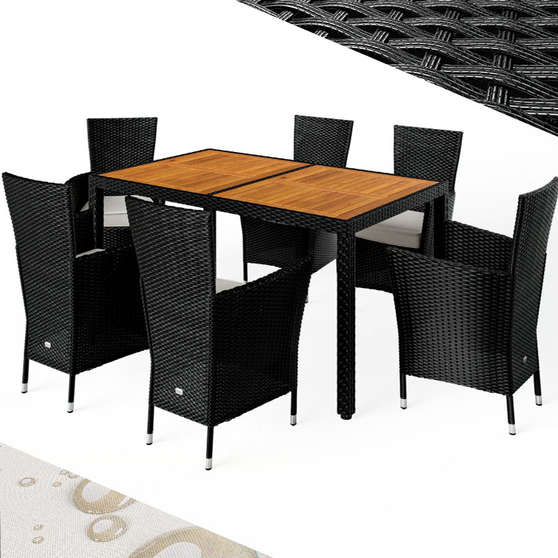 Polyrattan Sitzgarnitur Korfu 7 teilig schwarz / creme
