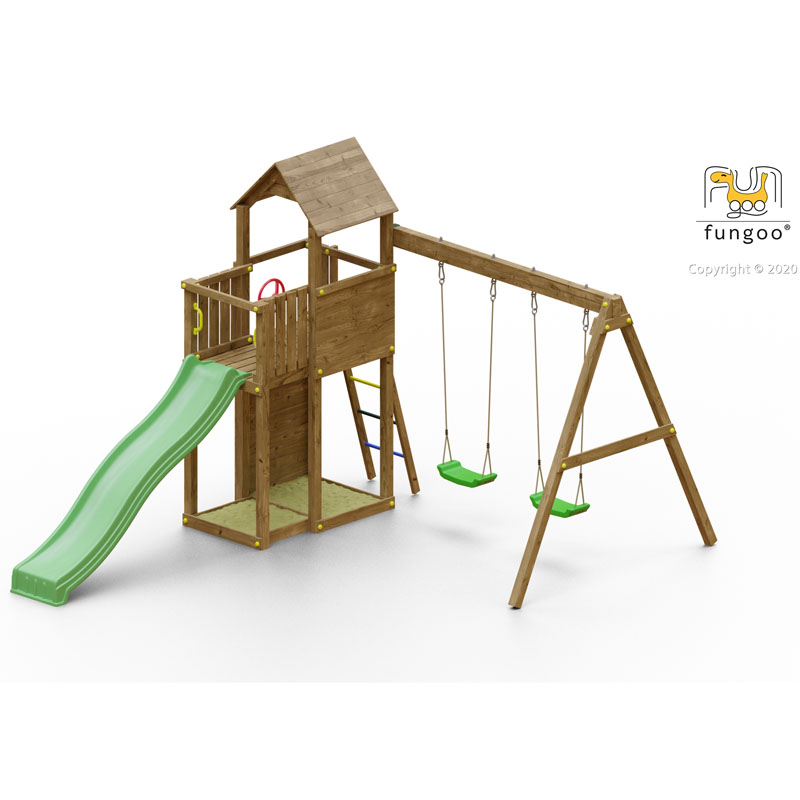 Fungoo Spielturm Boomer3 | Doppelschaukel | Sandkasten | Rutsche