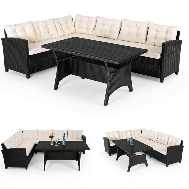 Polyrattan Lounge Set schwarz/creme mit WPC Tischplatte