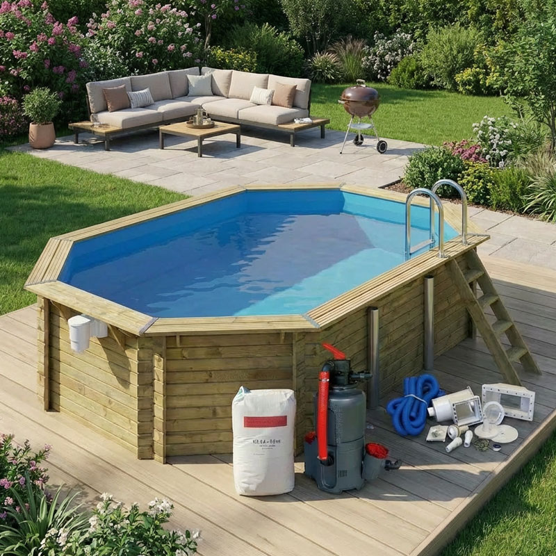 Karibu Holzpool Komplettset Careno 4 | ca. 6,10 x 4,00 m | mit Blockbohlen | Massivholz & Winterfest