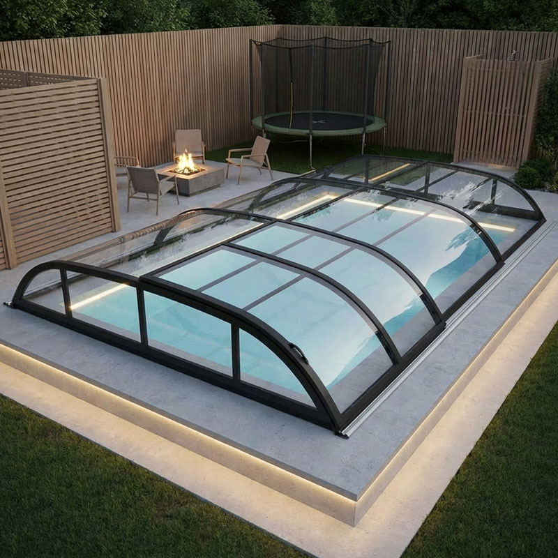 Albixon Poolüberdachung Dallas Sky Clear A | 373 x 642 cm | Klarglasoptik | Vormontiert | 4 mm Polycarbonat Verglasung