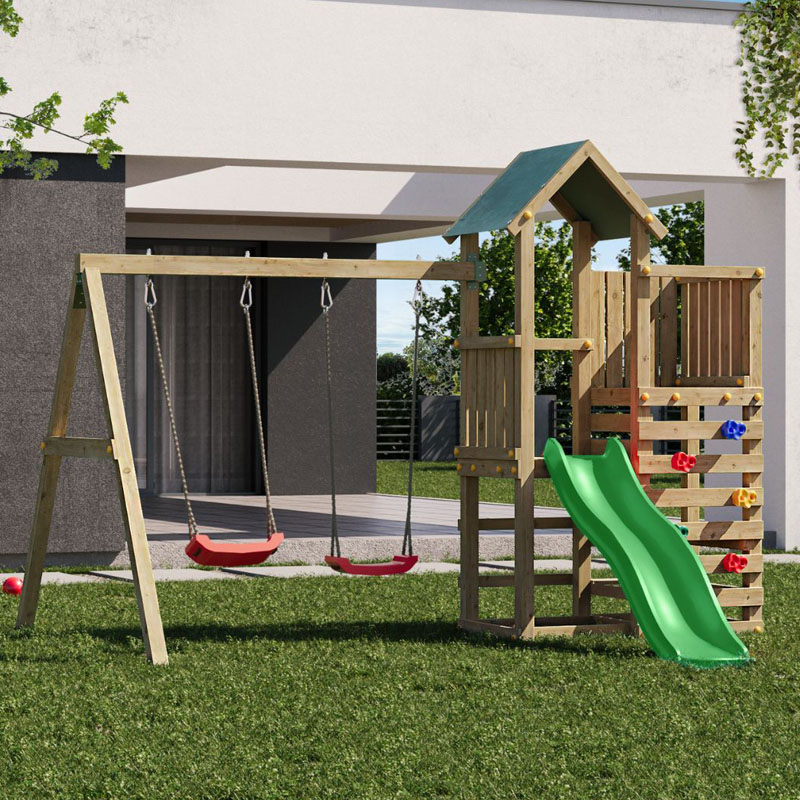 Fungoo Spielturm Chester mit Schaukel, Kletterwand und Rutsche