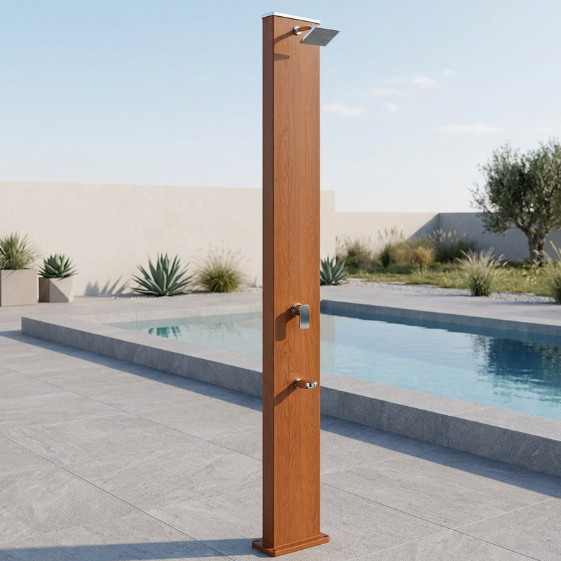 Solardusche Holzdesign 32 L mit Fuß Wasserhahn